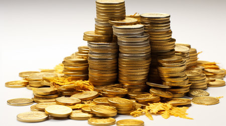 Stack of coins on the tableの素材