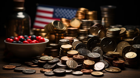 Stack of coins on the tableの素材
