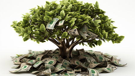 Money tree growing from a pile of moneyの素材