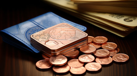 Stack of coins on the tableの素材
