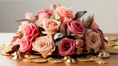 Banknotes are scattered on the table, pink concept backgroundの素材