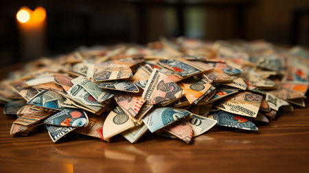 Banknotes are scattered on the tableの素材