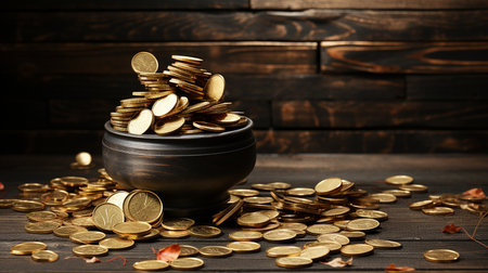 Stack of coins on the tableの素材