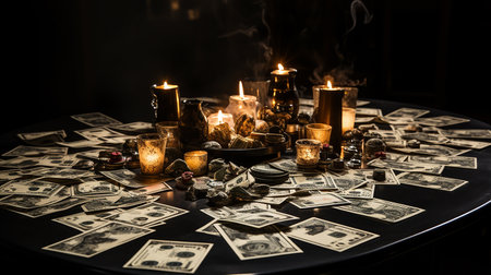 Banknotes are scattered on the tableの素材