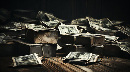 Banknotes are scattered on the tableの素材