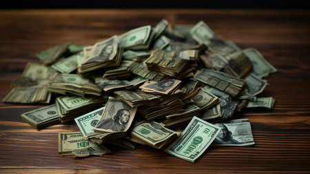 Banknotes are scattered on the tableの素材