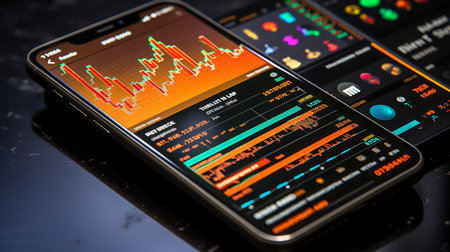 Stock market display on the mobile screen for analytic stock trade investors.の素材
