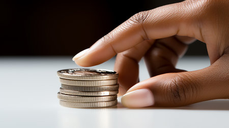 Hands of a young man with money, coinsの素材
