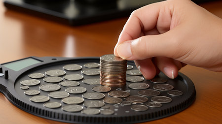 Hands of a young man with money, coinsの素材