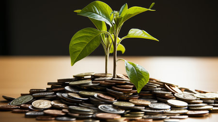 Plant growth in coins jar, financial growth concept backgroundの素材
