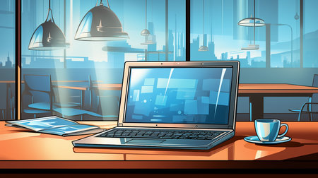 Office desk with laptop, lamp, document papers, calendar, coffee and flowers. Modern business workplace. Home workspace table.の素材