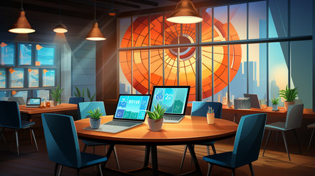 Office desk with laptop, lamp, document papers, calendar, coffee and flowers. Modern business workplace. Home workspace table.の素材