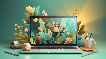 Office desk with laptop, lamp, document papers, calendar, coffee and flowers. Modern business workplace. Home workspace table.の素材
