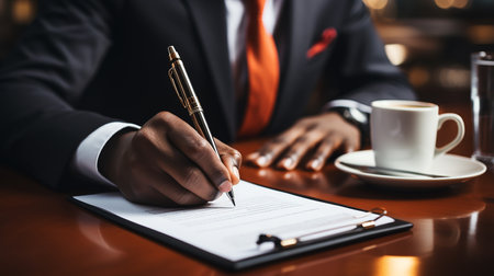 Close up young businessman standing near table with pen in hands, ready signing profitable offer agreement after checking contract terms of conditions, executive manager involved in legal paperwork.の素材