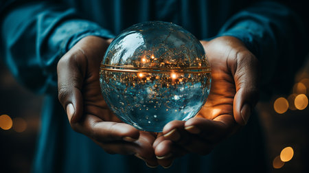 Magical crystal world ball design on handの素材