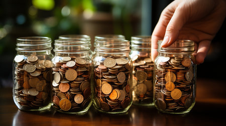 Coins in a glass jar on a dark background. Business, finance, saving money, or investment concept.の素材