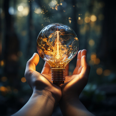 Man holding light bulbs, ideas of new ideas with innovative technology and creativity. concept creativity with bulbs that shine glitter.の素材