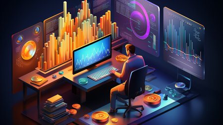 Modern flat design isometric concept of Digital Marketing for banner and website. Abstract 3d vector background. Web development, social media concept. Landing page template. Digital technologiesの素材