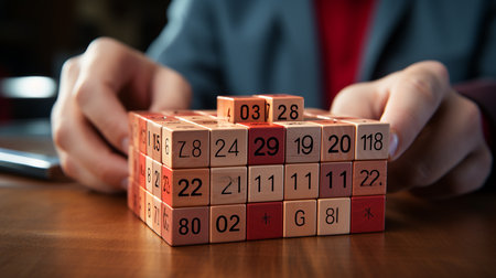 concept of growth success. hand holding and stacking red wooden block cube step of business growth success.の素材