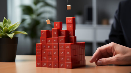 concept of growth success. hand holding and stacking red wooden block cube step of business growth success.の素材