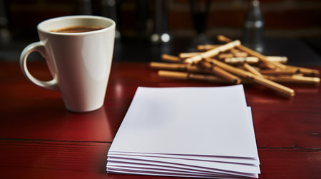 Cup of coffee and note paper on the wooden tableの素材