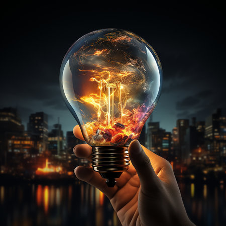 Man holding light bulbs, ideas of new ideas with innovative technology and creativity. concept creativity with bulbs that shine glitter.の素材