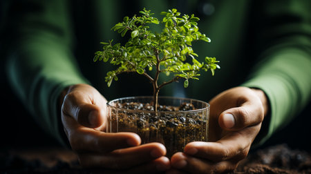 Human hand growing and nurturing a tree growing in fertile soil with a dark background.の素材