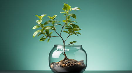 Young green plants grow in sunlight in the garden. World Earth Day banner. Save world concept.の素材