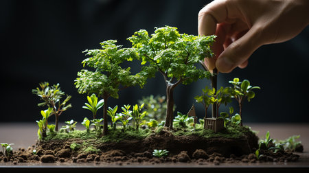 Human hand growing and nurturing a tree growing in fertile soil with a dark background.の素材