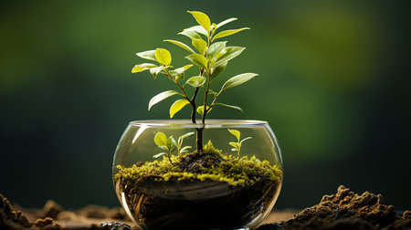 Young green plants grow in sunlight in the garden. World Earth Day banner. Save world concept.の素材