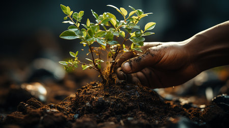 Human hand growing and nurturing a tree growing in fertile soil with a dark background.の素材