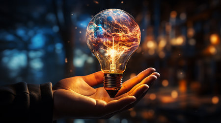 Man holding light bulbs, ideas of new ideas with innovative technology and creativity. concept creativity with bulbs that shine glitter.の素材