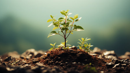 Young green plants grow in sunlight in the garden. World Earth Day banner. Save world concept.の素材