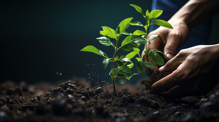 Human hand growing and nurturing a tree growing in fertile soil with a dark background.の素材