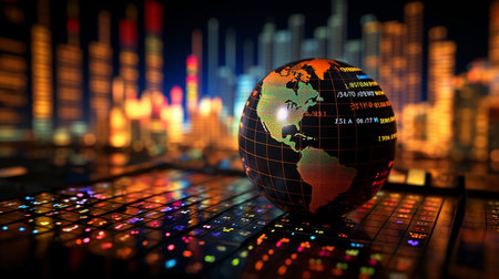 Decorative globe ball on a digital board table, business backgroundの素材