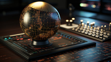 Decorative globe ball on a digital board table, business backgroundの素材