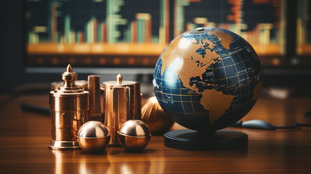 Decorative globe ball on a digital board table, business backgroundの素材