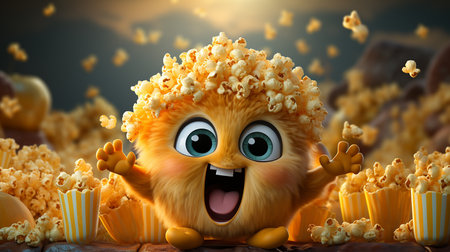 Popcorn viewed float Paper cup, happy popcorn emoji cartoon imageの写真素材