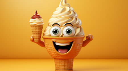 Waffle corn of fresh natural sweet ice cream, happy ice-cream corn emoji cartoon imageの写真素材