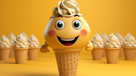 Waffle corn of fresh natural sweet ice cream, happy ice-cream corn emoji cartoon imageの写真素材
