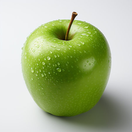 Fresh green apple with green leaf isolated on white background.の写真素材