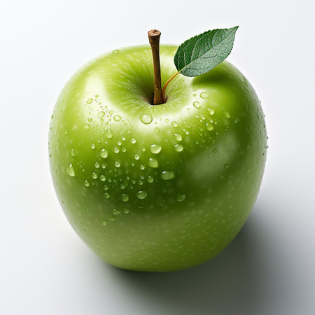Fresh green apple with green leaf isolated on white background.の写真素材