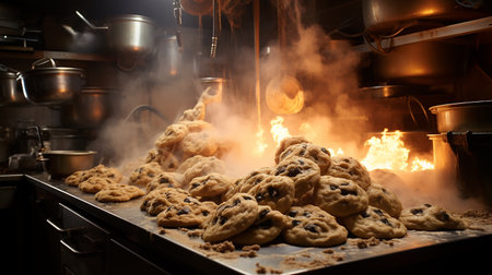 Chocolate cookies on the kitchen wooden table. Chocolate chip cookies shot.の写真素材
