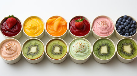 Set of bowls with tasty fruit salads on a white backgroundの写真素材
