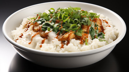 Bowl with boiled white rice and spices on the table.の写真素材