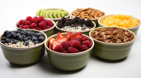 Set of bowls with tasty fruit salads on a white backgroundの写真素材