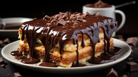 Chocolate spongy brownie cakes with walnuts and melted chocolate topping on a stackの写真素材