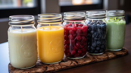 Berry and vegetables smoothie, healthy juicy vitamin drink diet or vegan food concept, fresh vitamins, homemade refreshing fruit beverageの写真素材