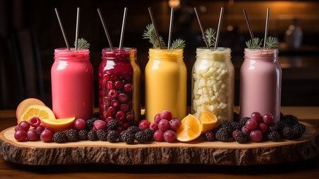 Berry and vegetables smoothie, healthy juicy vitamin drink diet or vegan food concept, fresh vitamins, homemade refreshing fruit beverageの写真素材