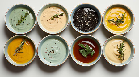 Soup Assortment. Set of various seasonal vegetable soups and organic ingredients, banner, copy space. Homemade colorful vegan vegetarian soups.の写真素材